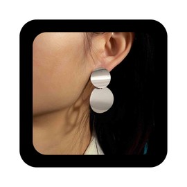 Enautoabs Boho Silver Disc Drop Earrings Double Round Dangle Earrings Large Polished Disc Earrings Metal Disc Geometric Earrings Jewelry for Women