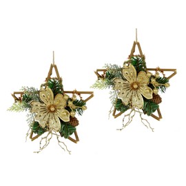 Rattan Star Decorated with Magnolia, Cones, Pine Branches, Berries, Christmas Tree Baubles, Decorative Branches, Christmas Decoration for Hanging, Door Decoration, Wall Decoration, Wooden Star - Set