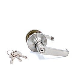 OKAR Satin Nickel Door Handle Entry Privacy Bath Bedroom and Closet Door Lever, Lock with Key Locksets,Reversible Flat Lever with Round Rosette.