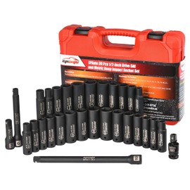 EPAuto 1/2-Inch Drive SAE (3/8-1 inch) | Metric (10-24 mm) Deep Impact Socket Set | Extension Bar | Universal Joint, Cr-V, 6 Points, 30 Pieces