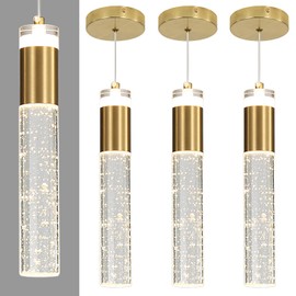 3 Pack Modern Kitchen Island Pendant Lights, Gold Bubble Crystal Ceiling Hanging Light, 3 Color 2700K/4500K/6500K, Mini Linear LED Chandelier Lighting for Dining Room, Bedroom, Bar, Hallway, Bedside