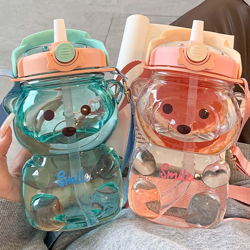 Bear Water Bottle with Straw Kawaii Cute Adjustable and Removable