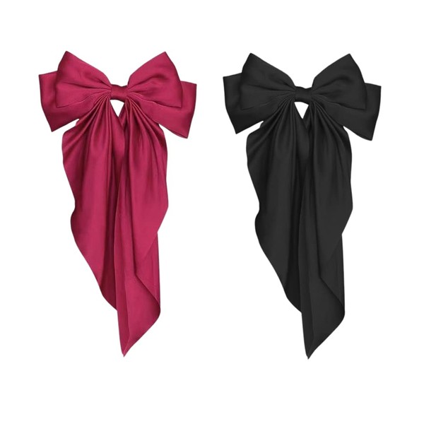 LEEQ Pack of 2 Bow Elegant Long Hairpin Bow, Large Hair Clip, Hair Bow Clips, Large Hair Clip, Women's Hair Clips, Hair Accessories, Hair Clip for Women (Black, Red)