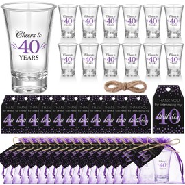 Pickmesh 50 Sets Black Purple Birthday Party Favors for Guests Souvenir Multicolor 40 Years Old Gift Bulk Acrylic Clear 1.2oz Shot Glasses with Thank You Cards and Gift Bags, 40/50/60/70th Birthday