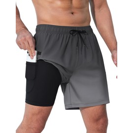 SILKWORLD Mens Swim Trunks with Compression Liner Quick-Dry 6" Stretch Swimming Shorts with Zipper Pockets Gradient Grey X-Large