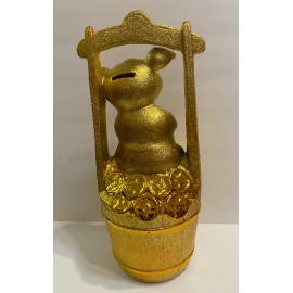 Feng Shui Ceramic Money pigs with Golden basket coin bank wealthy statue 16”H