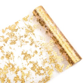 WELTRXE Gold Table Runner, Glitter Metallic Gold Thin Mesh Table Runner Roll 11 Inch x 100 Feet, Event Party Supplies Fabric Table Centerpiece Decorations for Wedding, Baby Shower, Birthday Party