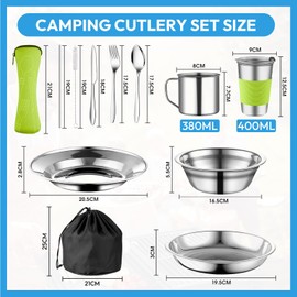 Camping Crockery Cutlery Set 10-Piece Stainless Steel Camping Cutlery for 2 People, Outdoor Travel Cutlery for Hiking and Picnic, Green