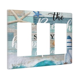 Spshian Vintage Rustic Wood Nautical Quotes Starfish lighthouse Triple Rocker Outlet Covers Faceplate Decorative 3 Gang Light Switch Cover Gfci Electrical Switchplate Wall Plate for Farmhouse Decora