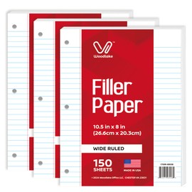 Woodlake Loose Leaf Paper, Wide Ruled Notebook Paper, 8 x 10.5”, 150 Sheets per Pack, 3 Pack Bulk Lined Filler Paper, 3 Hole Punched, 60gsm, Made in USA