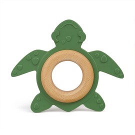 GRÜNSPECHT Organic Natural Rubber Teething Toy with Wooden Ring, Teething Aid & Toy, Massages Gums, BPA-Free, Promotes Fine Motor Skills, Turtle, Green (689-00), Pack of 1