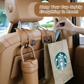 GELVTIC Car Headrest Hooks Universal Car Purse Hook Premium Leather and Alloy Twin Hook Car Seat Back Storage Hanger Hook for Purse Bags Cloth Drink Durable Holder Car Accessories (BH09-Brown-Black)