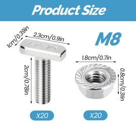 20 Piece Hammer Head Screws Set, T Screws with Locking Tooth Nuts M8 x 20 mm Stainless Steel A2-70 Flange Nuts M8 Screws for PV Solar Mounting Rails Photovoltaic Greenhouse