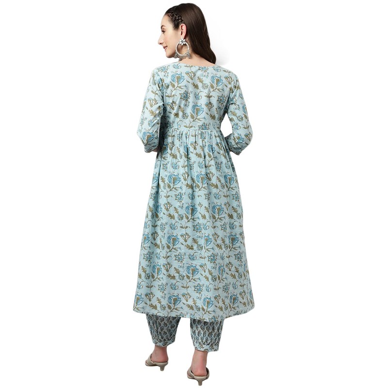 FIORRA Kurta acampanada de algodón puro con pantalón para mujer,