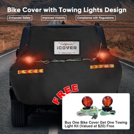 iCOVER Bike Cover for 3 Bikes transport on Hitch Rack, with Tail Lights & License Plate Pocket, 600D Heavy Duty Waterproof bicycle E-Bike Cover for transportation, Incl Towing Light & Bungee Cargo Net