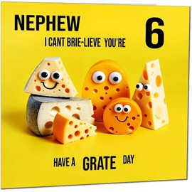 6th Nephew Birthday Card - Cheese Pun Funny Nephews Birthday Card for 6 Year old Kids six, sixth