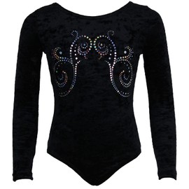 Girls' Long Sleeve Gymnastics Leotard Made of Stretch Velvet Opaque Children's Leotard with Crew Neck Velvet & Hexagon Sequins Gymnastics Leotard Gymnastics Jersey, black