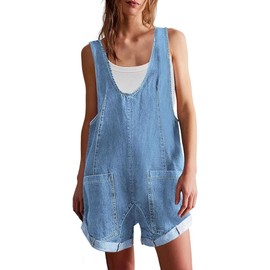 Waimond Women’s Summer Denim Rompers Adjustable Strap Jean Shortalls Short Overalls Jumpsuits with Pockets (LightBlue-S)