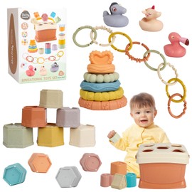 BYFWH 5 in 1 Montessori Baby Toys for 6-48 Months,Stacking Cups,Rings Toy Links,Soft Stacking Rings,Blocks Set,Soft Animals Toys for Toddlers 1-3 Year Old Boys Girls Infant Bath Time Fun