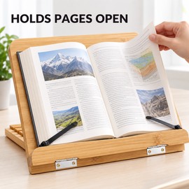 28 x 20 cm Adjustable Bamboo Book Stand with Page Holders, 5-Angle Foldable Reading Holder