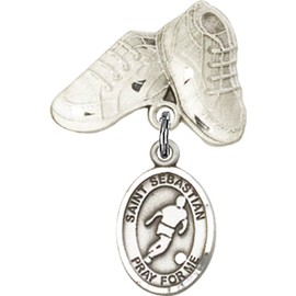 Sterling Silver Baby Badge with St. Sebastian/Soccer Charm and Baby Boots Pin 1 X 5/8 inches