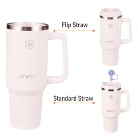 ICEWATER 40 oz Tumbler with 2 Lids (Flip & Standard Straw),100% Leak Proof Insulated Tumbler with Handle, Cup Holder Friendly, Stainless Steel Water Bottle, Gifts for Women & Men (Rose Quartz)