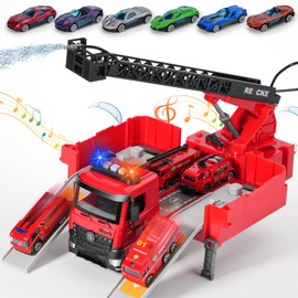 Toy Fire Truck Rescue Firetruck - Transformer Ejector Truck Car Race Track Home Outdoor Shool Toddler Kids Ages 2 3 4 5 6 7 8 Year Old Boys Girls Children Christmas Birthday Gift Ladder Real Water Jet
