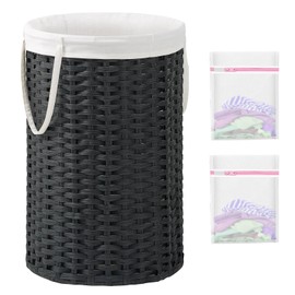 SETVSON Large Laundry Hamper Laundry Basket Round 34.3 Gal (130 L) Handwoven Wicker Laundry Baskets Rattan Laundry Basket with Removable Bag Handles 2 Mesh Bags for Living Room Bedroom Black