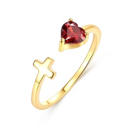 BriLove 925 Sterling Silver Cross Ring for Women, Cubic Zirconia Dainty Heart Birthstone Open Cuff Adjustable Statement Jewelry Gifts for Valentines Day/Birthday/Anniversary Garnet Color
