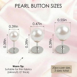 Quuztao 60 Sets Pearl Buttons for Clothes, 3 Size No Sew Pearls Botones para Ropa Elegantes for DIY, Pins Removable Reusable Decorativos