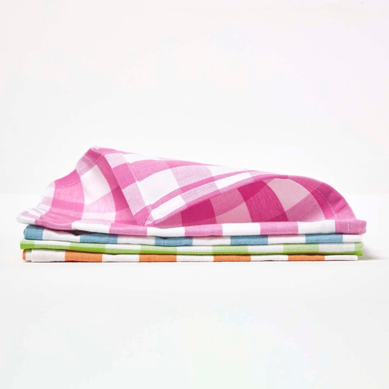 HOMESCAPES Set of 4 Pink Gingham Napkins Block Check Pattern