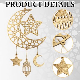 2 Pieces Eid Mubarak Door Sign Wooden Hanging Signs, Ramadan Kareem Hollow Ornament Decorations Moon and Stars, Moon Shape Ramadan Mubarak Party Wooden Wall Hanger for Islamic Muslim (Gold)