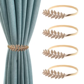 ERFGT Pack of 4 Tiebacks for Curtains, Alloy Curtain Tiebacks, Alloy Curtain Holdbacks with Spring Rope, Curtain Holders, Leaves Curtain Holders, for Curtains, Decorative, Modern Style (Golden Leaves)