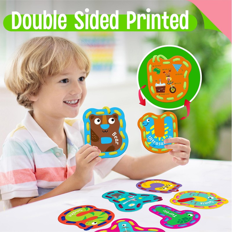 SpriteGru 26PCS Kids Lacing Cards, 26 Double Sided Uppercase Sewing