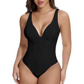 SHAPERIN Women's Deep V Neck Bodysuit Plunge Double Layer Tummy Control Shapewear Thong Body Suits (Large,Black)