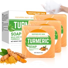 Turmeric Kojic Acid Soap, Handmade Turmeric Soap for Face & Body, Natural Soap Bar with Turmeric Root Powder, Kojic Acid, Citrus Peel Oil, Deep Moisturizing, Cleansing & Gentle, 3Pcs