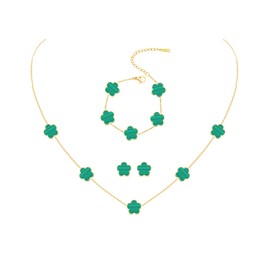 JIEMUCHU Gold Plated Stainless Steel Four Leaf Clover Bracelet, Necklace and Stud Jewelry Set for Women, Yellow Gold, No Gemstone