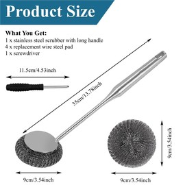 PXIRQ Stainless Steel Scrubber with 13.78" Metal Handle - Includes 4 Replacement Wire Pads, Ideal for Home Kitchen & Outdoor Camping Cooking - Cleaning Dishes, Cast Iron, Grills, Stoves Effortlessly