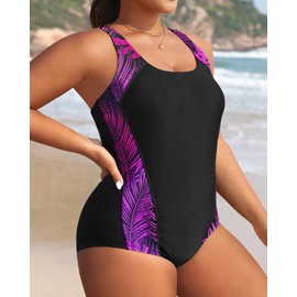 Aqua Eve - Traje de baño deportivo de una pieza para mujer, con control de abdomen y adelgazamiento, Black Purple Leaf, 16 Plus