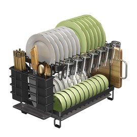 LMingKun Good Grips Carbon Steel Fold Flat Dish Drying Rack, 2-Tier, with Drainboard, for Kitchen Counter, Collapsible (Black)