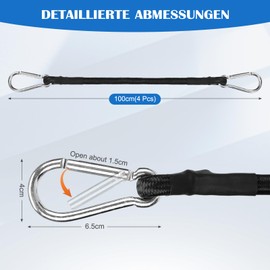 DENUOTOP Pack of 4 Tensioning Straps with Carabiner, 100 cm Expander Black, Tie Down Straps for Car, Bicycle, Outdoor, Camping, Luggage Tensioner, Elastic Tie Down Strap Rubber with Carabiner