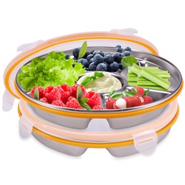 Divided Serving Tray with Lid 6 Compartments, 10.4 Inch Round Vegetable Veggie Tray, Reusable Snack Box Container Fruit Platter Tray for Parties Fridge Food Storage Picnic (2 pcs)