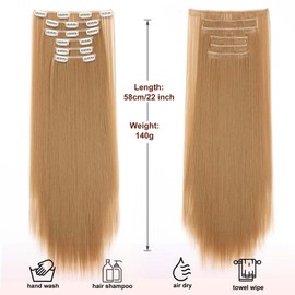 Dcbaboo Clip-In Extensions, Straight Clip-In Hairpiece, 6 Pieces, 55 cm Hair Extensions with Clips, Long Hair Extensions for Women, Full Head, Dark Blonde