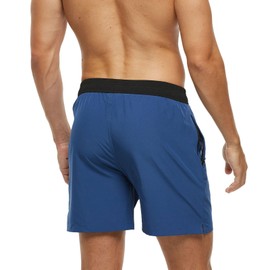 Men's Swimming Trunks with Zip Pocket, Quick-Drying Breathable Swimming Trunks with Mesh Lining, Beach Shorts for Surf Sports Swim Pool, Colour stitching navy, M