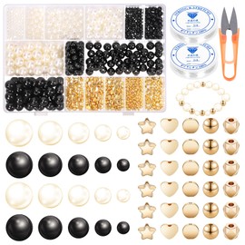 Swpeet 1503 pieces 2 colours 4/6/8/10/12 mm bead bracelet making kit includes 1000 pieces black/white perforated beads, 500 pieces spacer beads, 2 pieces elastic strings, 1 x scissors for DIY
