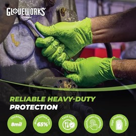 GLOVEWORKS Guantes de nitrilo verdes industriales HD con agarre elevado de textura de diamante, caja de 100, 8 mil, talla XL, sin látex, sin polvo, te