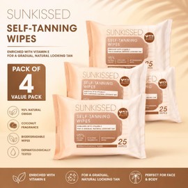 Sunkissed Self Tanning Wipes Pack of 4 – 25 Count Each, Gradual Natural Looking Tan, Enriched with Vitamin E, Coconut Fragrance, Biodegradable Face & Body Tan