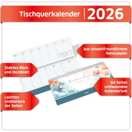 PRIMUS PRINT Desk Calendar 2026 Landscape Weekly Calendar - 64 Pages Appointment Calendar and Annual Calendar - 297 x 130 mm - 75 g Natural Paper, Wire Comb Binding, Holidays and School Holidays