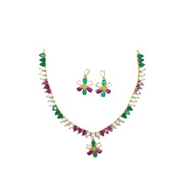 LMDPRAJAPATIS Ruby Emerald Pearl Multiple Stone Necklace Earring Set Beautiful Set For Women