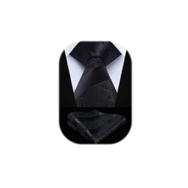Hisdern Paisley Tie Handkerchief, Extra Long Floral Men's Tie & Pocket Square Set - black